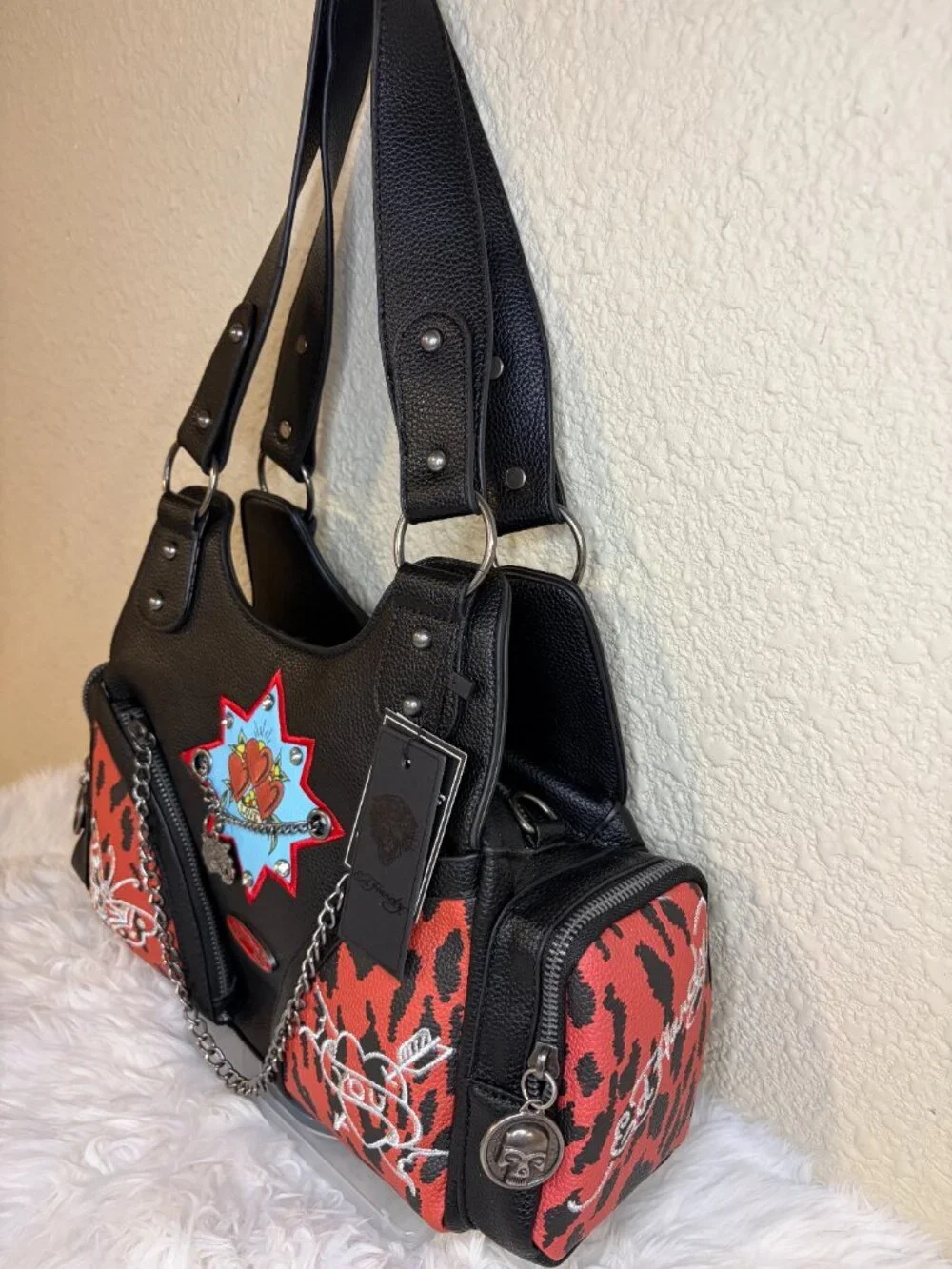 Ed Hardy Love Heart Tattoo Leopard Shoulder Satchel Purse Bag Black Red NWT